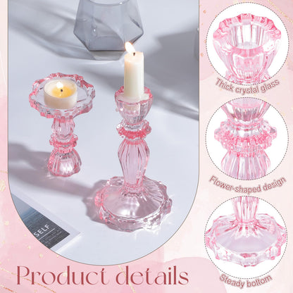 Ferrochef 12 Pack Glass Candlestick Holders Set 4.3/6.1'' Taper Stripe Candle Holder Bulk Floral Shape Crystal Decorative Candle Stand Centerpiece for Table Wedding Dining (Pink)