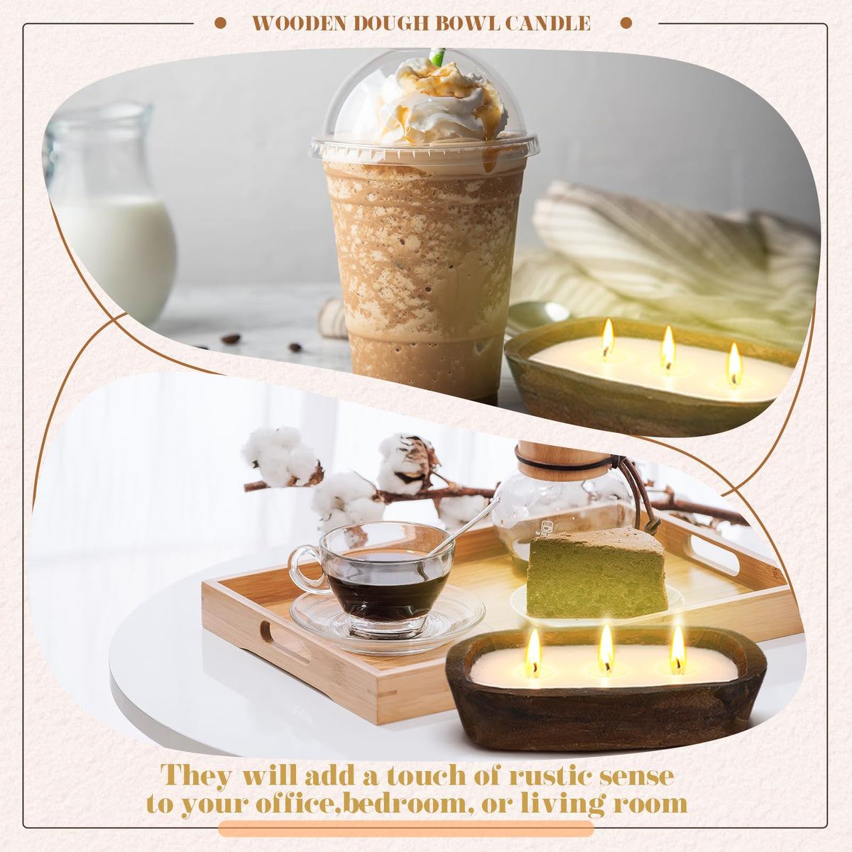 Threlaco 2 Pack Wood Dough Bowl Candle Jar Candle Decorative with Wick Scented Candles Soy Gifts for Men Women Farmhouse Table Centerpiece Home(Caramel)