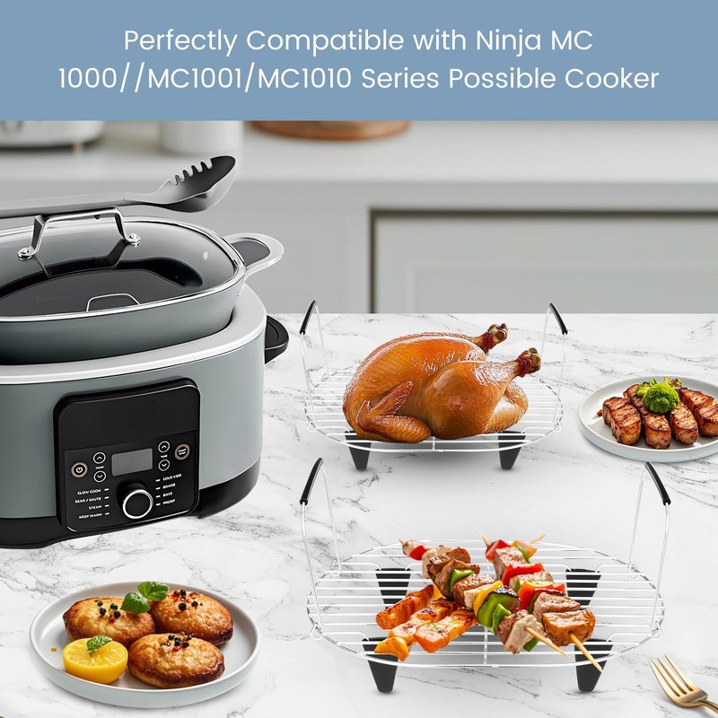 Fondpen Roast and Steamer Rack Compatible with Ninja Foodi Possible Cooker Pro 8.5 Quart MC1000, MC1001, MC1010 Slow Cooker Crock, Stainless Steel Crock Pot Accessories with Silicone Protected Feet Handles