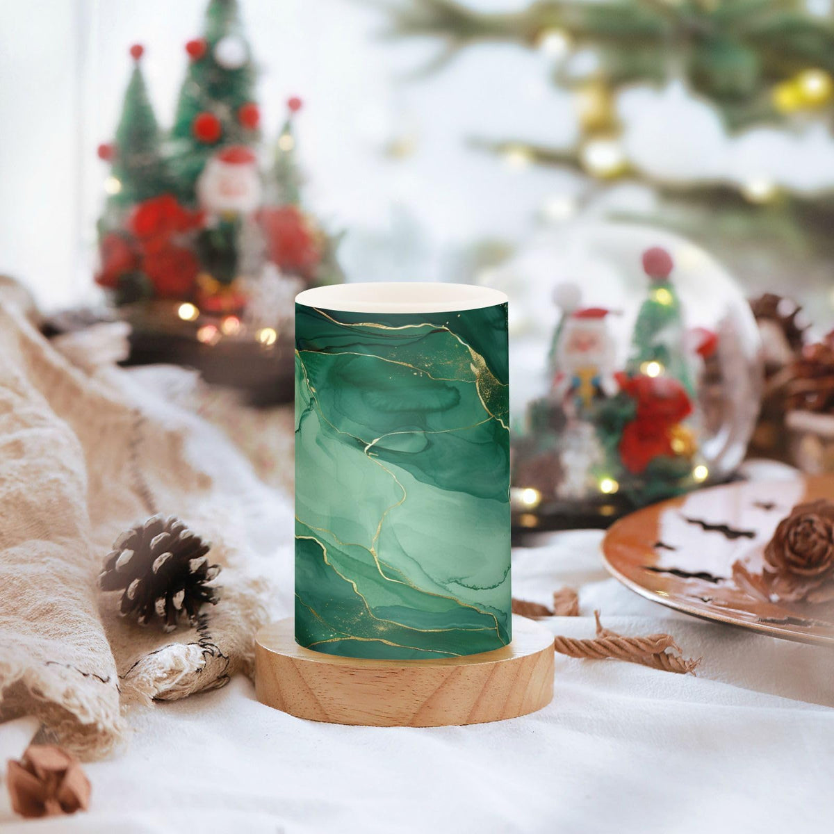 senya Lights Flameless Candles Green Marble Texture Pillar Candles Set of 2 Battery Operated Remote Control Warm Lights Home Decor