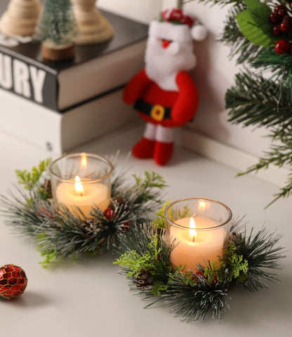 Christmas Candle Ring, 4 Pcs Votive Candle with Red Berry Pinecone, Xmas Ring Candle for Table Centerpiece Decoration Wedding Holiday,Clear
