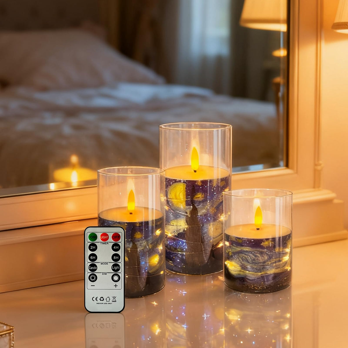 NjaoHoo Flickering Flameless Candles, Recessed String Light LED Candles Acrylic Battery Operated LED Pillar Candles Van Gogh Art Painting Style for Home Decor Set of 3(Starry Night Printed)