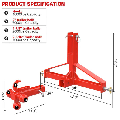 Red 3 Point Trailer Hitch with Receiver and Ball, Tractor Mover Drawbar, Farm Equipment and Subcompact Trailer Hitch for Tractor Standard Category 1
