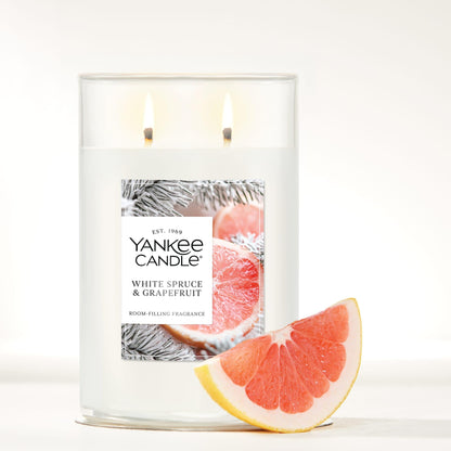 Yankee Candle Large Tumbler Scented Candle with up to 80 Hour Burn Time, Premium Plant Wax Blend for Consistent Burn, 20 oz Tumbler Candle with Room Filling Fragrance, White Spruce & Grapefruit