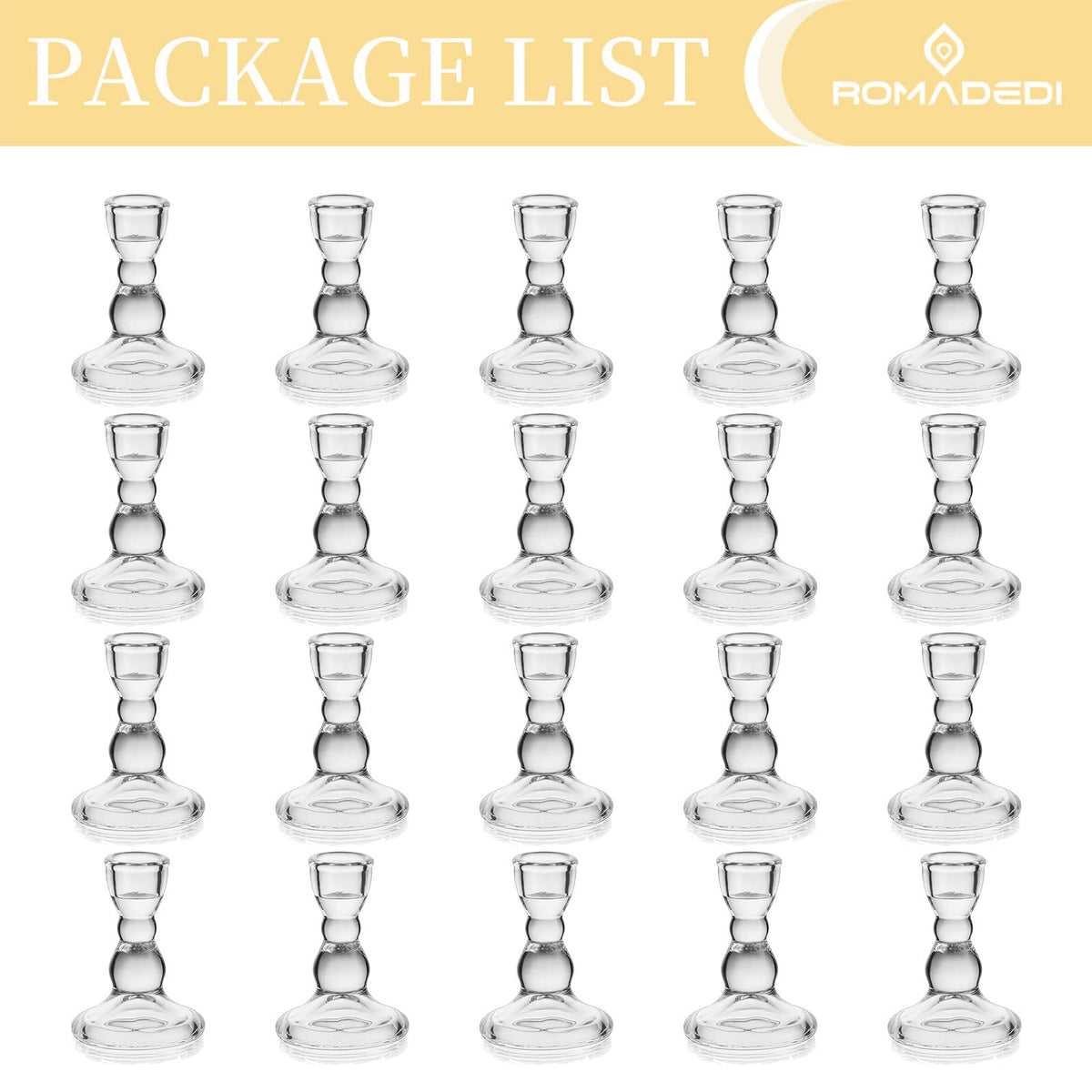 Romadedi Glass Candle Holder for Candlestick - 20 pcs Clear Tapered Candle Holders Bulk for Standard Candle Sticks for Wedding Centrepieces Christmas Table Décor