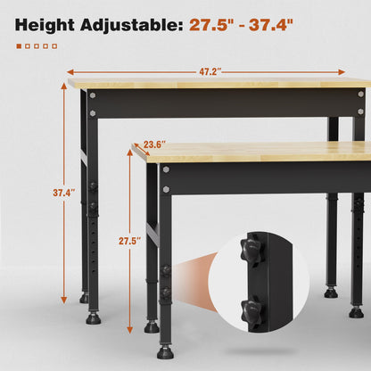 47" Height Adjustable Workbench, 2000 LBS Load Capacity Workstation Desk, Rubber Wood Top Workstation with Power Outlet, Heavy-Duty Hardwood Worktable for Workshop, Garage