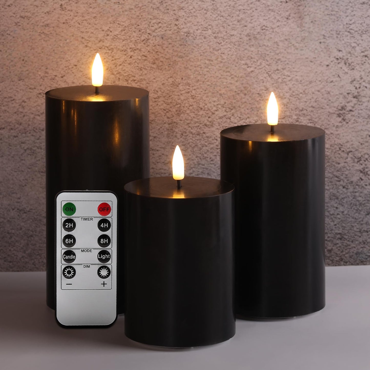 Girimax Black Flameless Pillar Candles with Remote, Flickering LED Wax Candles Battery Operated Set of 3