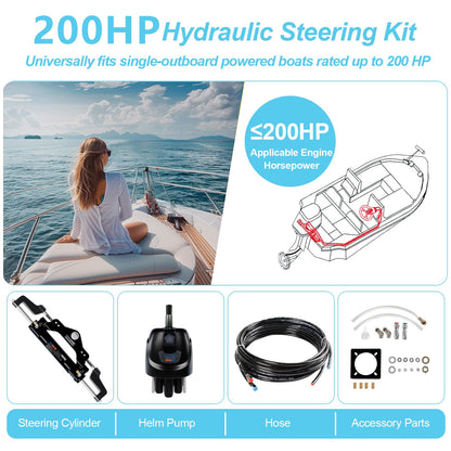 SEABOSHI Outboard 200HP Hydraulic Steering Kit,Hydraulic Steering for Boats,Boat Steering System with Hydraulic Cylinder,Helm Pump and Tubing