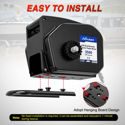 Nilight Boat Trailer Winch 3500 lbs Portable Electric Boat Winches 12 V DC Marine Winch with Remote Control and Hand Crank Power-in Freewheel Operation Waterproof Reversible Winch for Boat Trailer