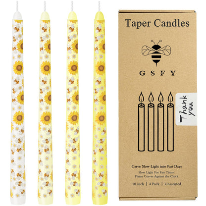 10 Inch Taper Candles with Honeybee Design – Smokeless Dripless Yellow Dinner Candles for Table, Party, Farmhouse Decor (4-Pack Assorted Yellow B)