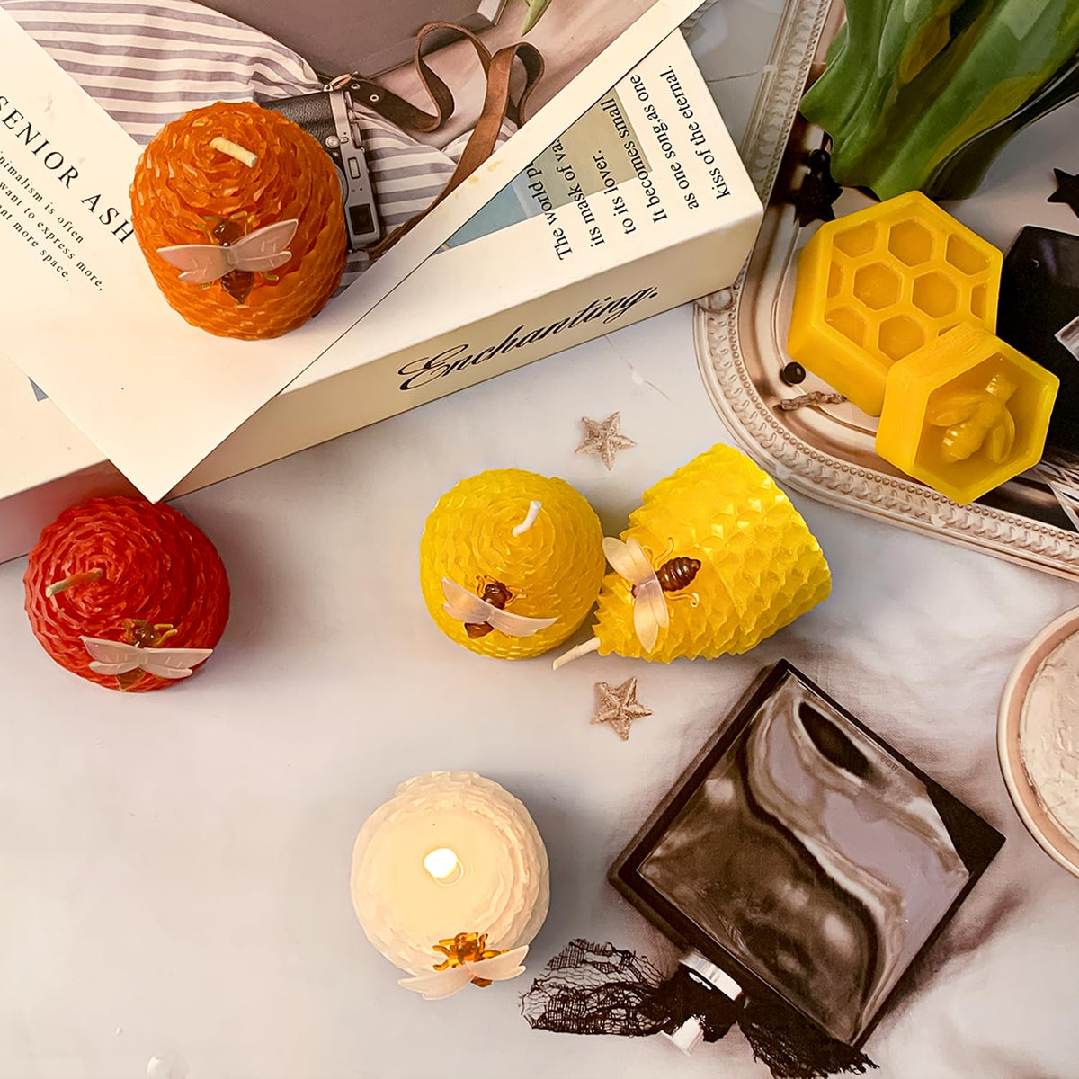 Lacaser Beeswax Candles Bulk Set of 12, Bee Candles with Little Bee Ornament Decors, Bee Themed Gift,Unscented&Smokeless &Dripless, Dia 1.77" x1.97" Each, Yellow