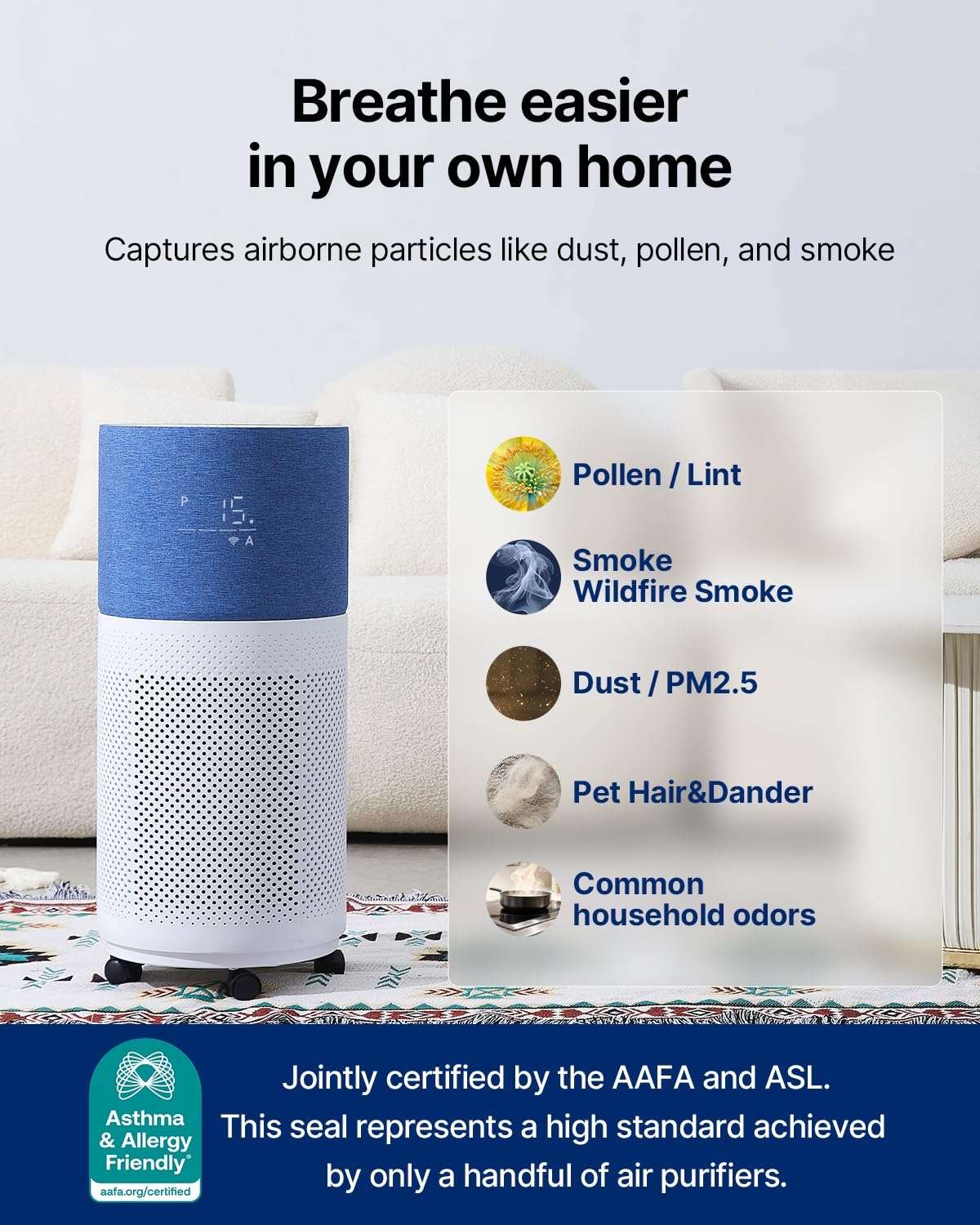 CleanForce Rainbow Air Purifier for Large Room up to 2250 ft², Advanced True HEPA & Carbon Filter, Reduces Dust, Pollen, Smoke & Pet Dander, Alexa/App Control, Ozone-Free | Gray