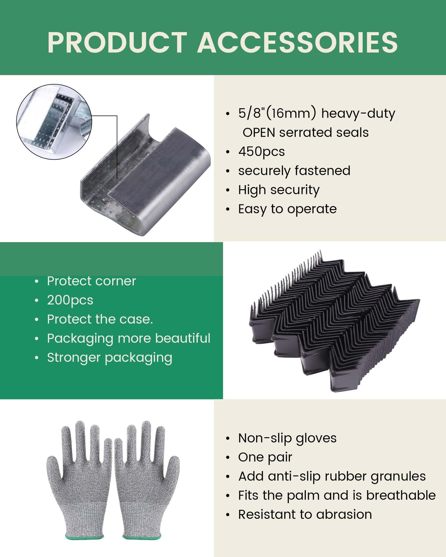 FoundGo PET Banding Strapping Kit for Heavy Duty Tough Pallet Packaging Strapping Tool with >1500lbs 5/8" x 2000' PET Strapping Roll & its own Pull-Out Box 200 Corner Protectors 450 Seals-Green