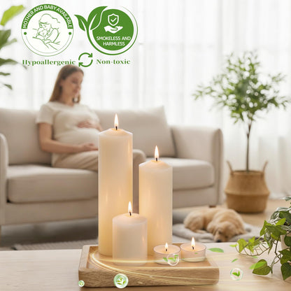 18 Pack Soy Wax Pillar Candle Set for Weddings & Home Decor, Layered Candle Kit with 6 of Each Size (2x3, 2x6 & 2x8) and 12 Tea Lights, Dripless Long Burning White Candles for Centerpieces &Parties
