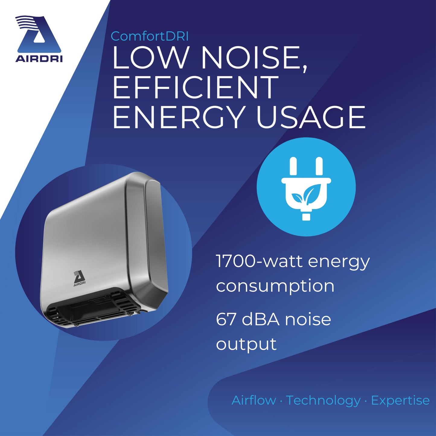 Airdri ComfortDRI Automatic Warm Air Hand Dryer - 1.7kW Low Noise Motor - 15-Second Dry Time - 67dBA Noise Output - ADA Compliant - Ideal for Small Workplaces - Stainless Steel