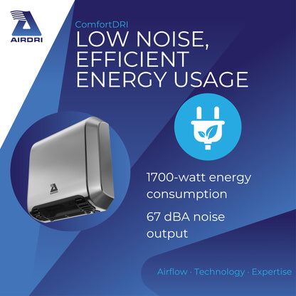 Airdri ComfortDRI Automatic Warm Air Hand Dryer - 1.7kW Low Noise Motor - 15-Second Dry Time - 67dBA Noise Output - ADA Compliant - Ideal for Small Workplaces - Stainless Steel