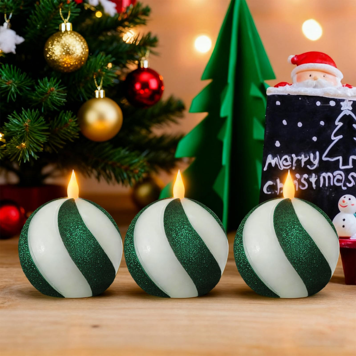 Set of 3 Christmas Sphere Candy-Cane Flameless Candles, Green&White Real Wax Flickering Ball Candles Battery Operated with Remote, Candy Cane Christmas Decorations,Xmas Party Tables Centerpieces Decor