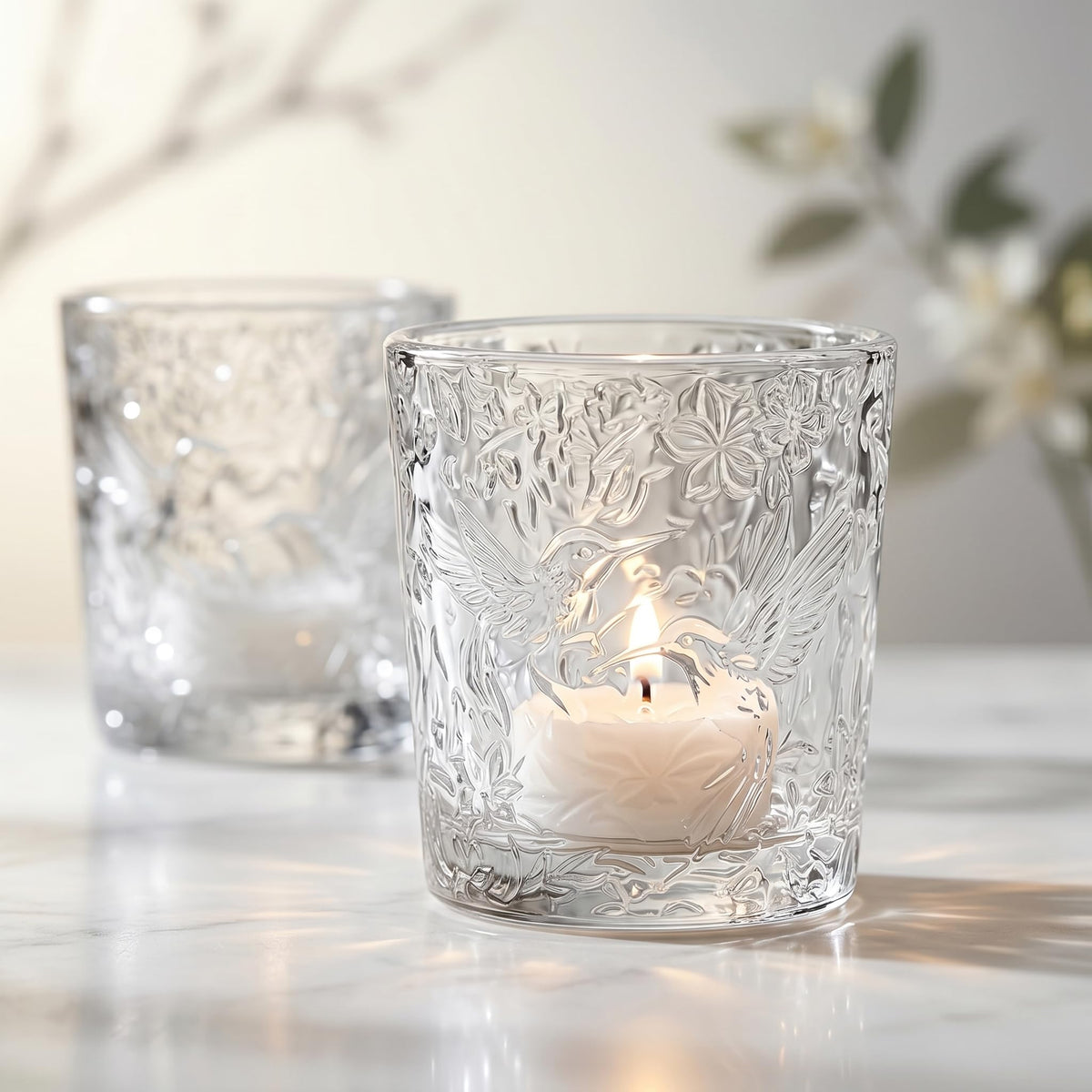 6 Pack Hummingbird Embossed Glass Candle Holders Votive Tealight Holders with Patent Design, Decorative Cups for Wedding Centerpieces, Parties, and Home Decor (Crystal Clear)