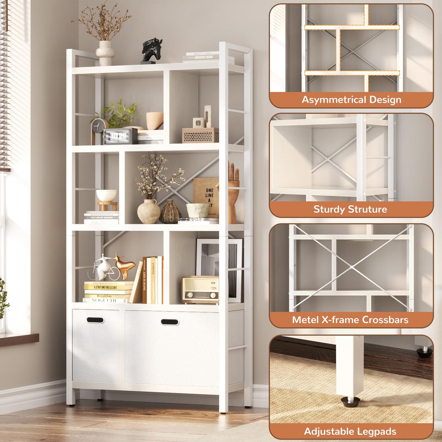 Armocity Bookshelf with Drawers - 5 Tier Tall Bookcase Geometric Modern Book Shelf Display Standing Bookshelves with Storage for Living Room, Bedroom Home Office, White