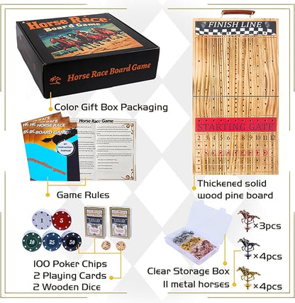 Horse Race Board Game Solid Wood Foldable Racing Board with 11 Metal Horses 2 Dice and 2 Boxes of Cards Portable Travel Game for Family Parties and Holiday Gatherings