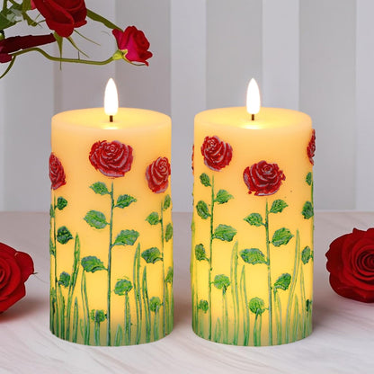 DRomance Roses Flower Flameless Candles Battery Operated with 6 Hour Timer 3D Wick Flickering LED Pillar Candles Real Wax Hand-Painted Dinner Christmas Holiday Decor(2 Pack, 3" D x 6.5" H)