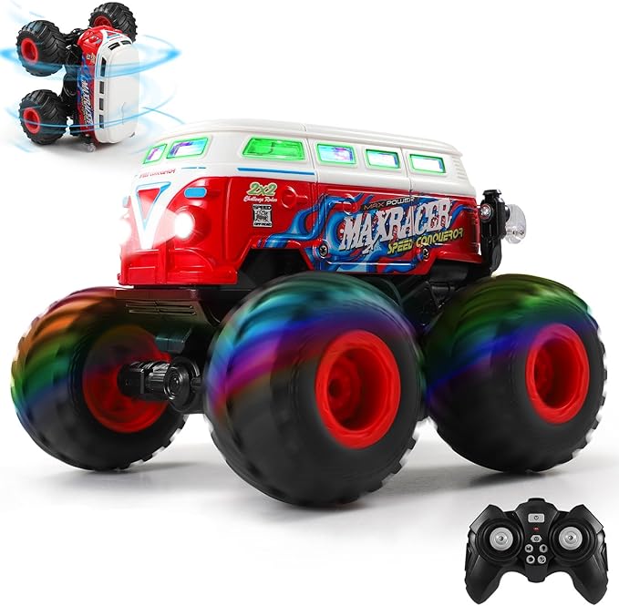DYODYORC Remote Control Car 2.4Ghz RC Monster Truck Toys All Terrain RC Truck with Spray Music 3 Lighting Effects 360 Stunt Capable All Included Ready to Run Toy Gifts for Boys and Girl (Red)