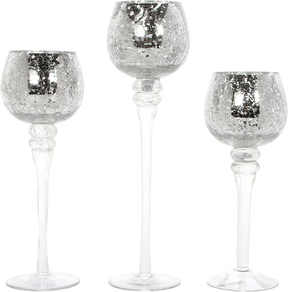 Hosley 3 Sets Crackle Metallic Glass Tealight Holders Set /3-12 Inch, 10 Inch, 9 Inch Ideal for Weddings Special Events Parties Also Makes a Great Gift