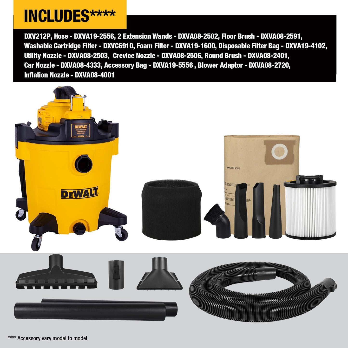 DEWALT Shop Vacuum Wet and Dry Vac with Detachable Leaf Blower, 3 in 1 Heavy Duty Wet Dry Vacuum Cleaner 12 Gal for Home, Garage, Car, Workshop, Jobsite, Lawn Care, Yard, Patio, 5.5 Peak HP, DXV212P