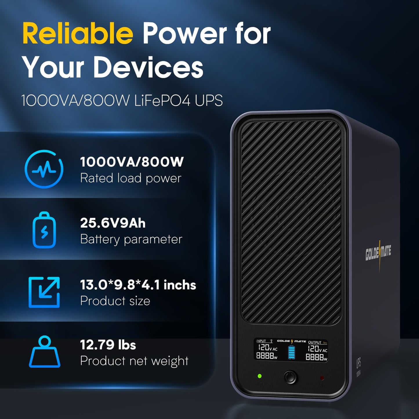 GOLDENMATE 1000VA/800W Lithium UPS Battery Backup and Surge Protector, Sinewave UPS System with LiFePO4 Battery(230Wh), Updated Pro Ver. with USB Communication Port, 8 Outlets, LCD Display, Gray