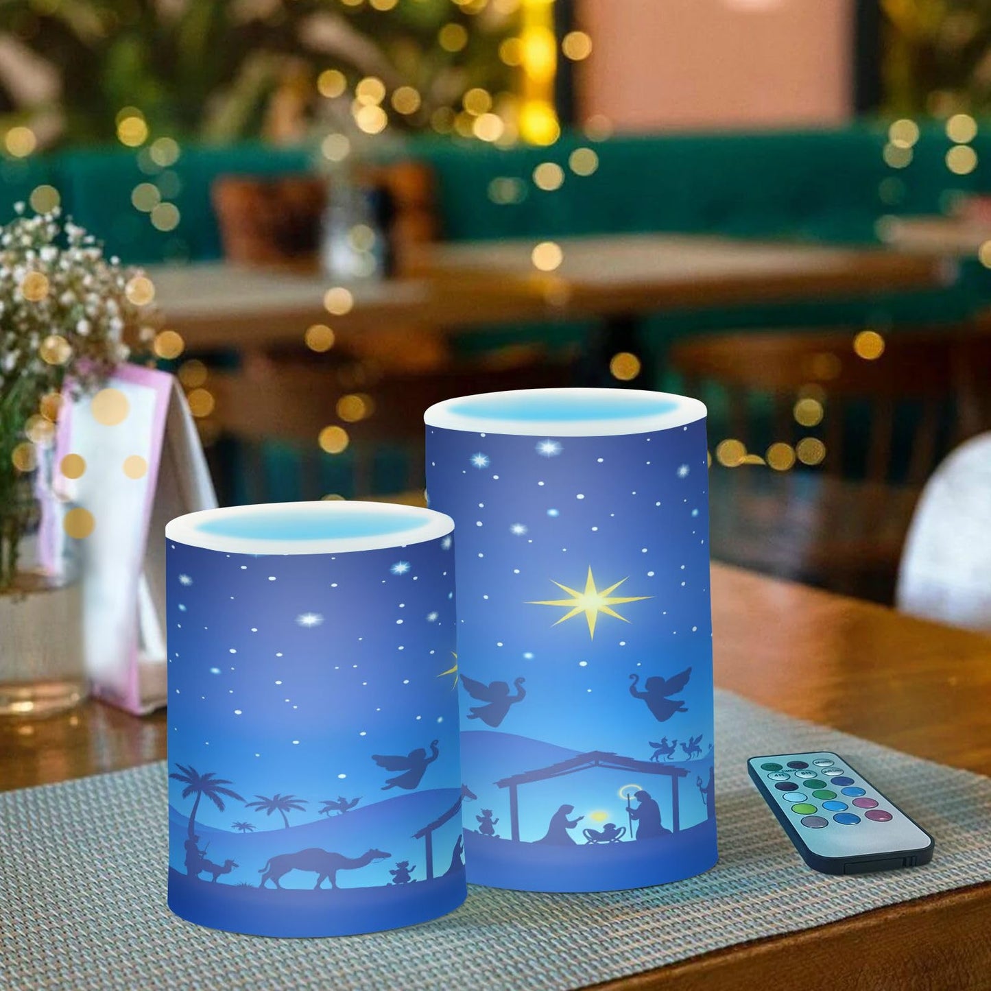ALAZA Christmas Blue Nativity Scene Flickering Flameless Candles Battery Operated with Remote Timer,Tea Light Candles LED Pillar Votive Candles Set of 2 for Outdoor Indoor Decorations