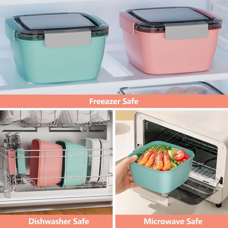 Cherrysea Salad Lunch Container, 68oz Salad Bowls with 4 Compartments Tray,Leak Proof Lunch Box with Fork for Men,Women BPA-Free Snack Container with Sauce Container for Dressings-Pink
