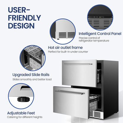 Electactic Under Counter Refrigerator, 24 Inch Double Drawer Beverage Fridge, Built-in Outdoor Beverage Cooler for Soda Drink & Beer, 145 Cans for Kitchen & Commercial, Stainless steel