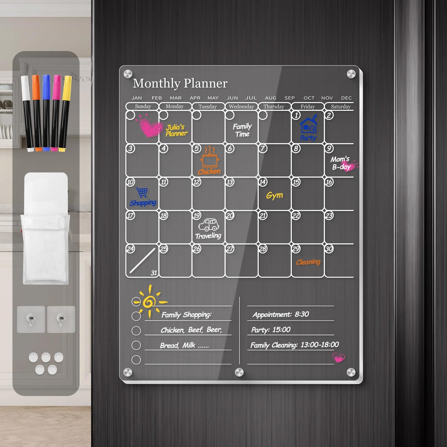 IDEATECH Acrylic Magnetic Fridge Calendar Planner 2025, Clear Dry Erase Board for Refrigerator, 2in1 Vertical Monthly & Weekly Planner to Do Grocery List Board,Family Calendar WhiteBoard Magnet(White)