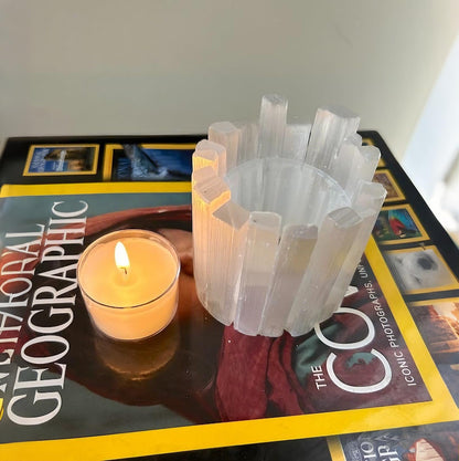 Selenite Tea Light Holder, Natural Selenite Crystal Candle Holders with Different Shapes, for Home Decor, Meditation, Yoga, Reiki, Gifts (Round Irregular Cup)