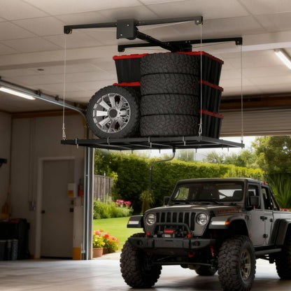 Garage Ceiling Storage Racks, Garage with the 4x4ft Overhead Lift Storage Rack, Experience Effortless Organization with 350lb Capacity, Smooth Crank System, Space-Saving Ceiling Rack Design
