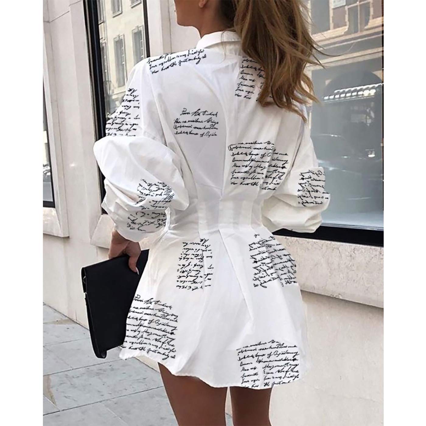 IyMoo Womens Casual Long Sleeve V Neck Button Down Fitted Shirt Mini Dress with Belt Letter White M