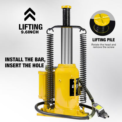 YELLOW JACKET 20 Ton Pneumatic Bottle Jack – Heavy-Duty Air/Hydraulic Lift for Trucks & Autos, Manual & Air Pump Operation, Yellow