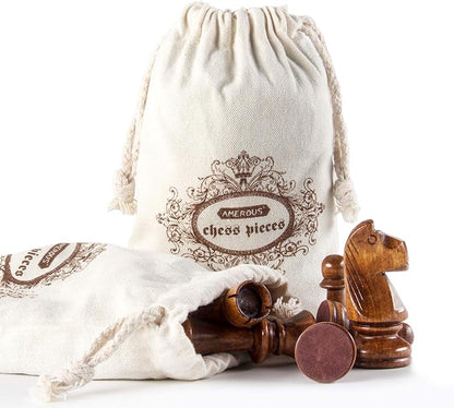 AMEROUS Chess Pieces Only Wooden Hand Carved Tournament Chessmen with 4.12 Inches King 2 Storage Bags for Chess Board Game Replacement of Missing Pieces