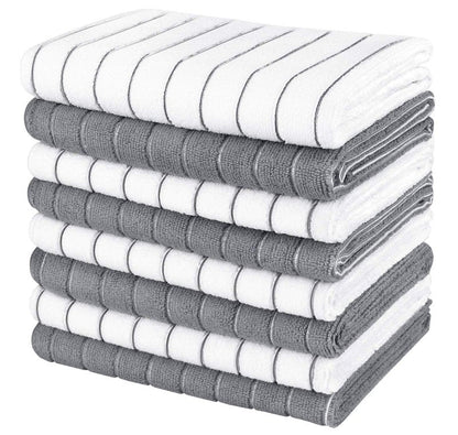 AIDEA Kitchen Towels-8PK, Super Soft and Absorbent Drying Towels for Dishes, Microfiber Cleaning Cloth Multi-Purpose Dish Towels for Kitchen, Home-Grey/White -18”x26”
