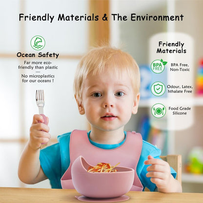 Baby Feeding Set, 13PCS Silicone Baby Self Feeding Set, Toddler Led Weaning Utensils Set with Suction Bowl and Plate, 3 Set of Baby Spoon and Fork, Adjustable Bid, Sippy Cup with Straw and 2 Lids