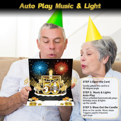 Turypaty 50th Birthday Cards Pop Up 3D Cake - Firework & Music & Blow Out Candle Light Funny Happy 50 Black Gold Birthday Card Gifts for Men, Women, Friends, Boyfriend, Dad, Mom, Husband, Wife