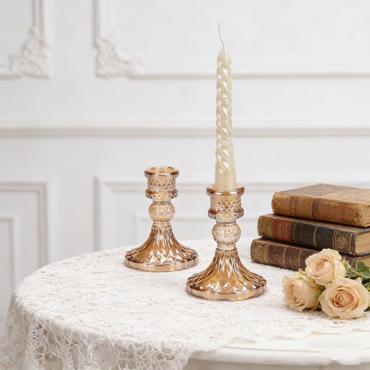 Gold Candle Holders -Glass Taper Candle Holders for Table Centerpiece for Table Centerpiece Wedding Party Festive Christmas Mantel Decoration or Home Decor Set of 2