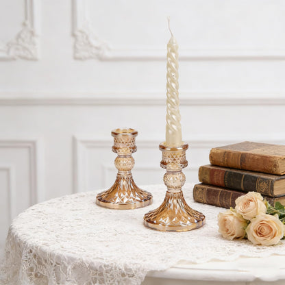 Gold Candle Holders -Glass Taper Candle Holders for Table Centerpiece for Table Centerpiece Wedding Party Festive Christmas Mantel Decoration or Home Decor Set of 2