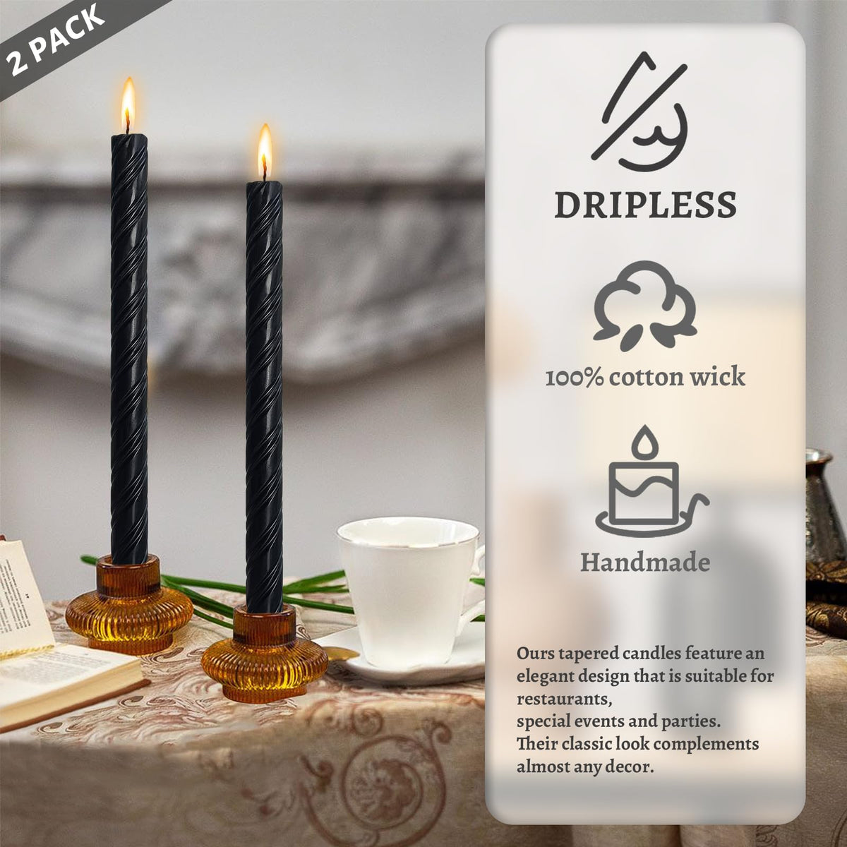 Dripless Taper Candles Unscented Black Spiral Candles Smokeless Long Dinner Candles 10 Inch Long Lasting Burn Candlesticks for Home Decoration Christmas Gifts(2Pcs)