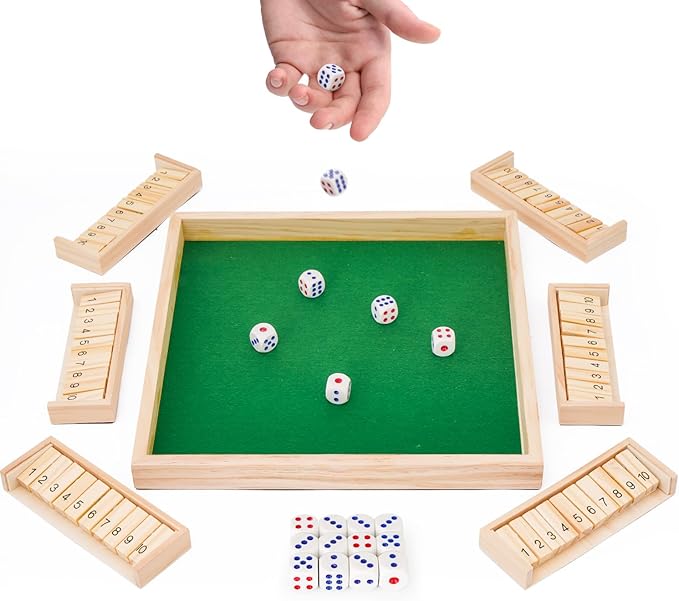 Upgraded 1-6 Players Shut The Box Dice Game with 12 Dice Wooden Classic Board Games Traditional Table Math Game Tabletop Math Dice Game for Pub Bar Home Classroom Party