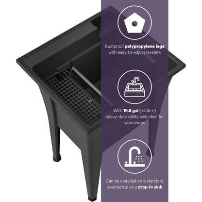 Freestanding Utility Sink with One Handle Chrome Faucet - 24" Plastic Utility Sink for Garage, Laundry, Indoor and Oudoor Use - Laundry Tub Kit by Noah William Home - Black (19.5 gal)