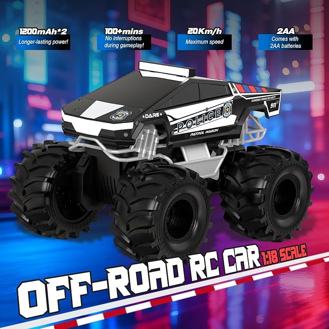 Police Remote Control Car 1:18 Cyber Truck Remote Control Car 2.4 GHz Waterproof Amphibious RC Cars 4WD All Terrain Off-Road Pickup 360° Rotatable Monster Truck Toys for Boys RC Cars Ages 6+