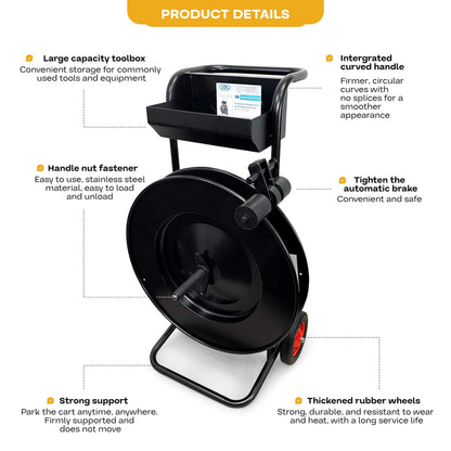 IDL Packaging CA-505 Heavy-Duty Strapping Cart & Dispenser for Steel Strapping Coils with 16" x 3" Core Size - Advanced Roller Brake System - Built-in Tray for Strapping Tools, Seals, and Gloves