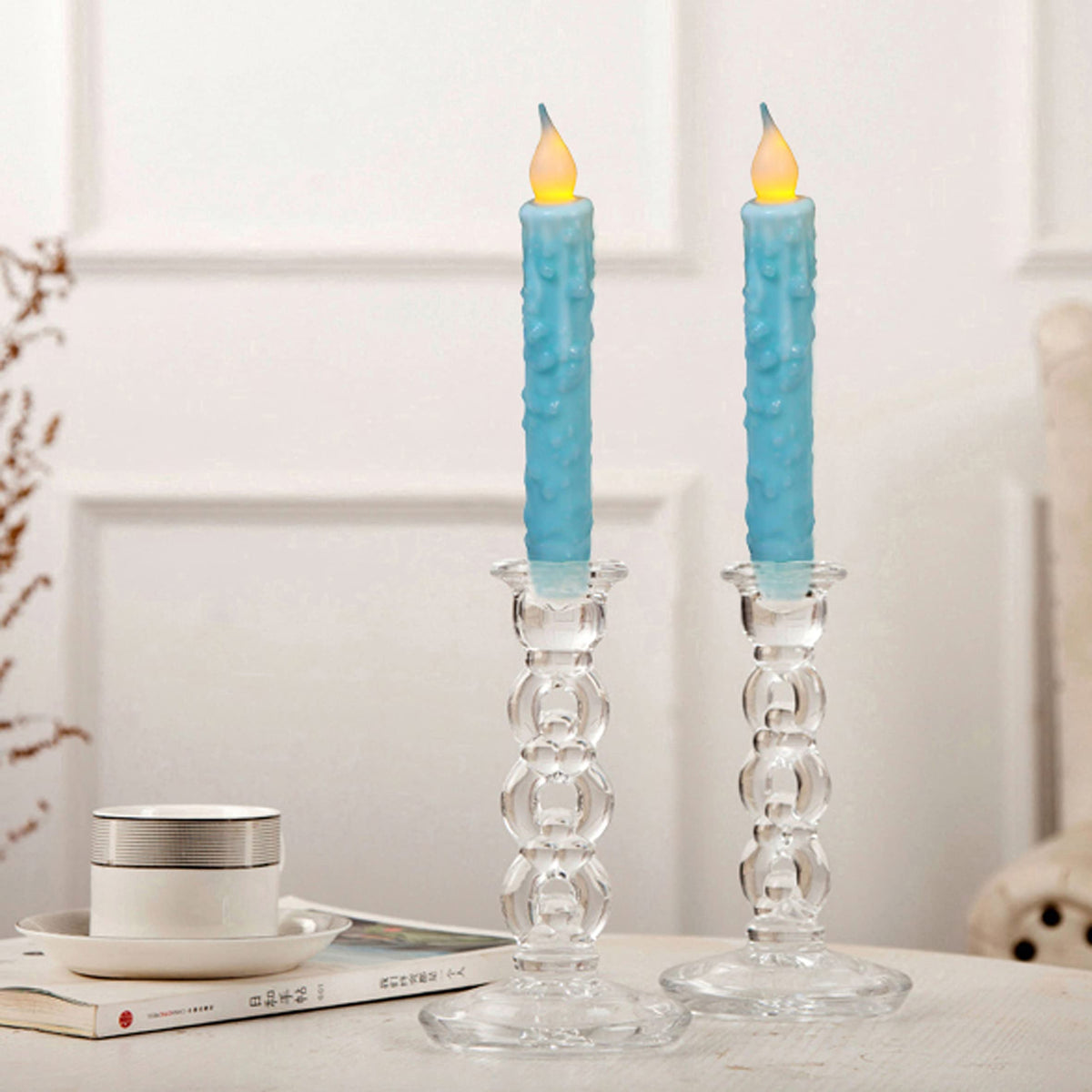 CVHOMEDECO. Real Wax Hand Dipped Battery Operated LED Timer Taper Candles Rustic Primitive Flameless Lights Decor, 6-3/4 Inch, Teal, 6 PCS in a Package