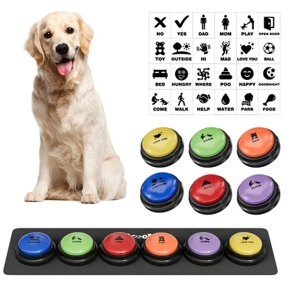 Acools Dog Buttons for Communication, 6 Pcs Dog Talking Button Set, 30s Voice Recordable Pet Training Buzzer, Speaking Buttons for Cats & Dogs with Waterproof Dog Activity Mat and 24 Scene Stickers